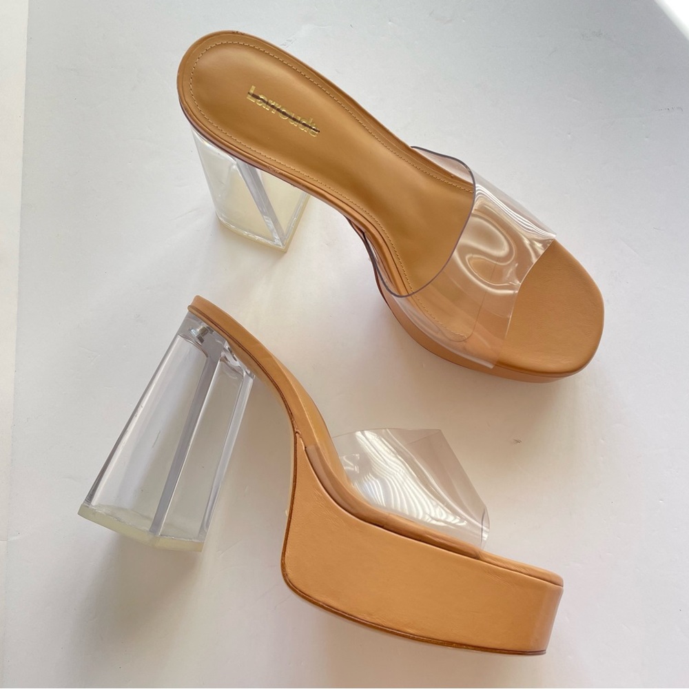 Larroude Dolly Tan and‎ Clear Block Heel Sandals Platforms